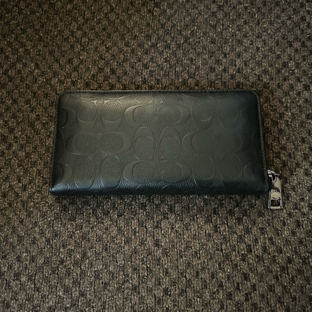 Coach Embossed Signature Black Leather Long Accordion Zip Wallet